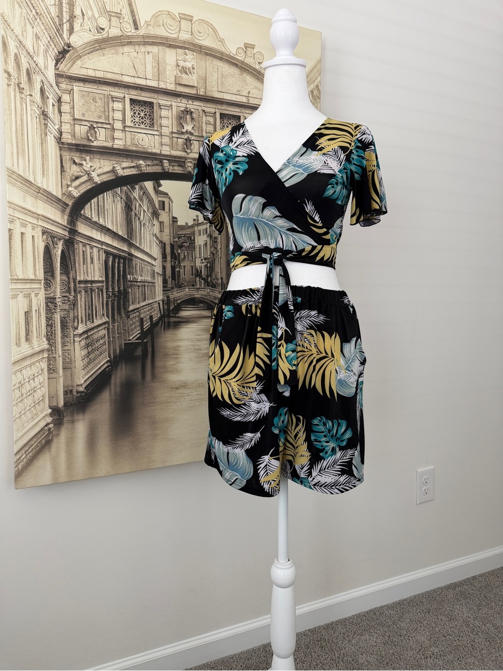 Like New Tropical Print Wrap Skirt Set - Black with Teal & Mustard Leaf Print
